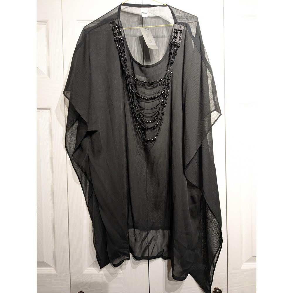Chico's Shirt Women M/L Oversized Blk Sheer Necklace Poncho Tunic Beaded Top NWT